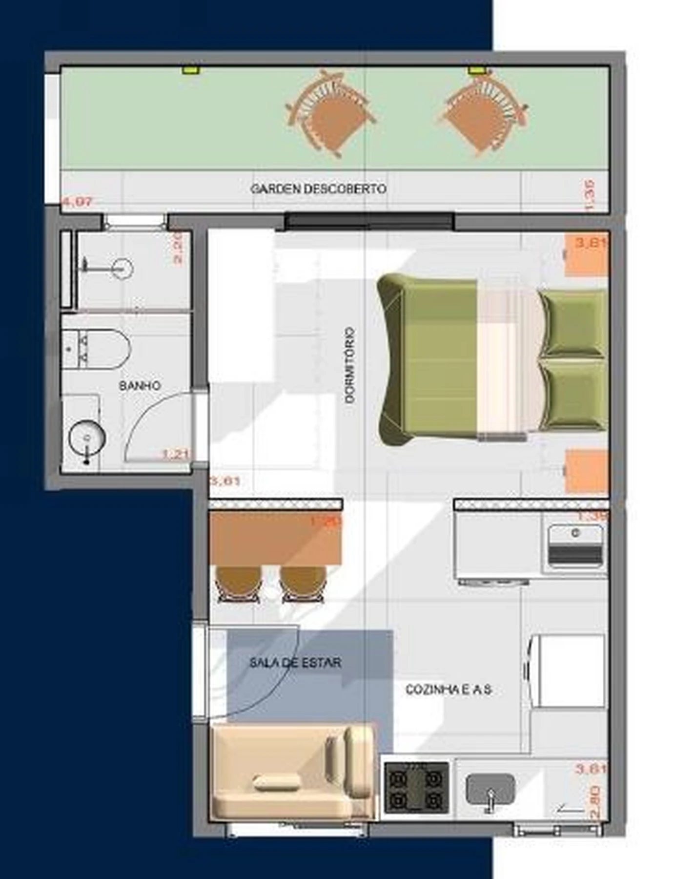 Planta 05 - 1 dorm 35m² - garden