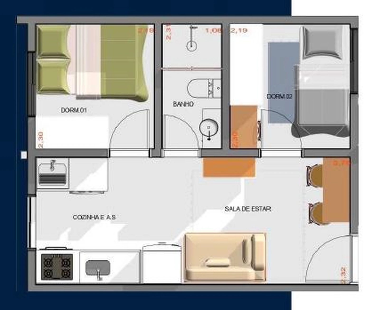 Planta 03 - 2 dorm 32m²