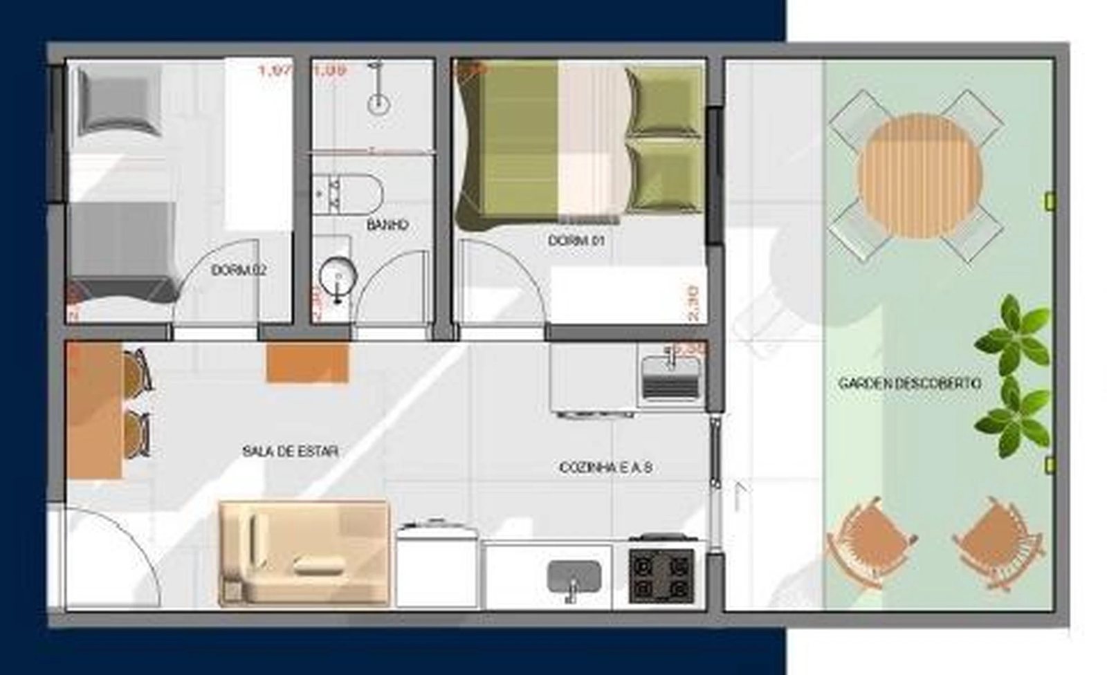 Planta 09 - 2 dorm 47m² - garden
