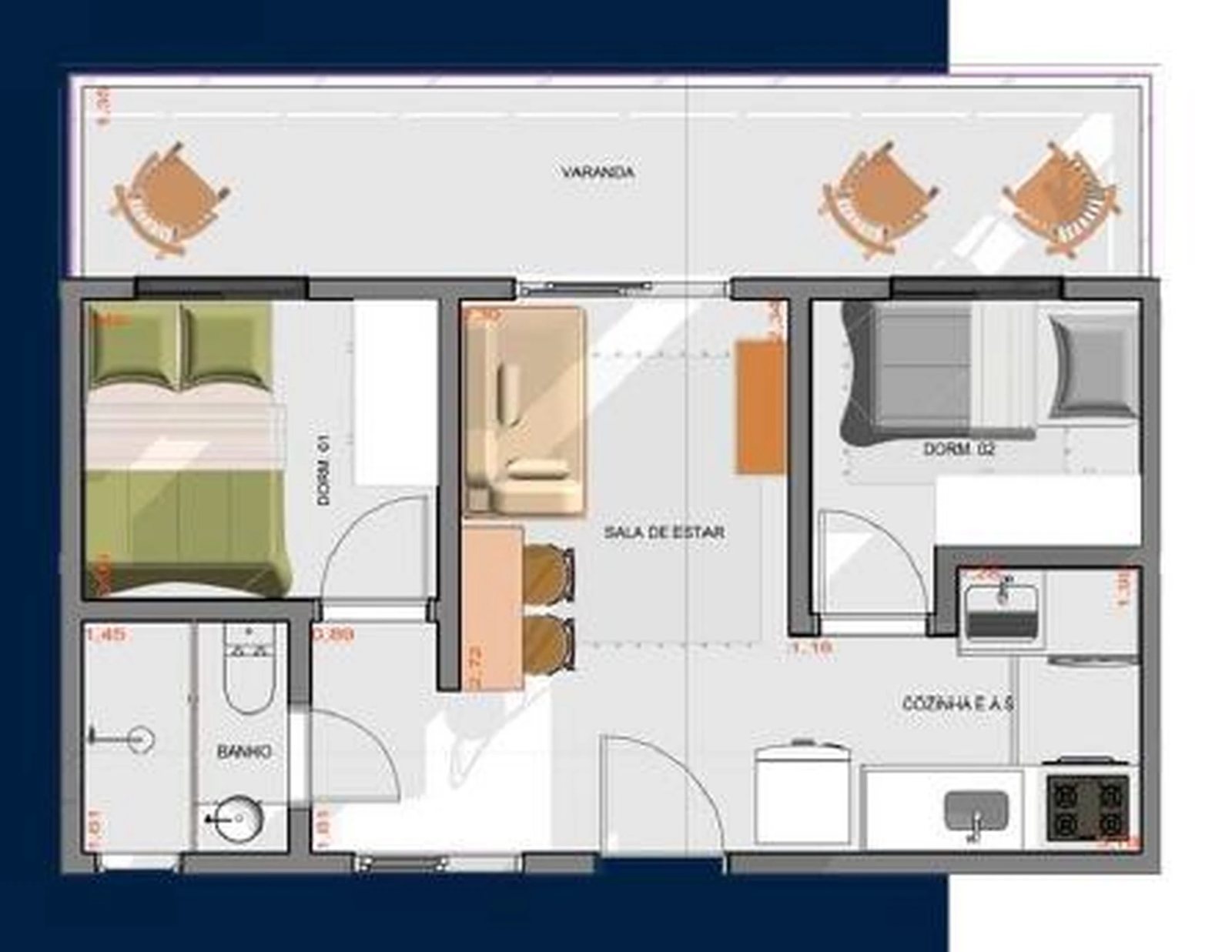 Planta 08 - 2 dorm 46m² - garden