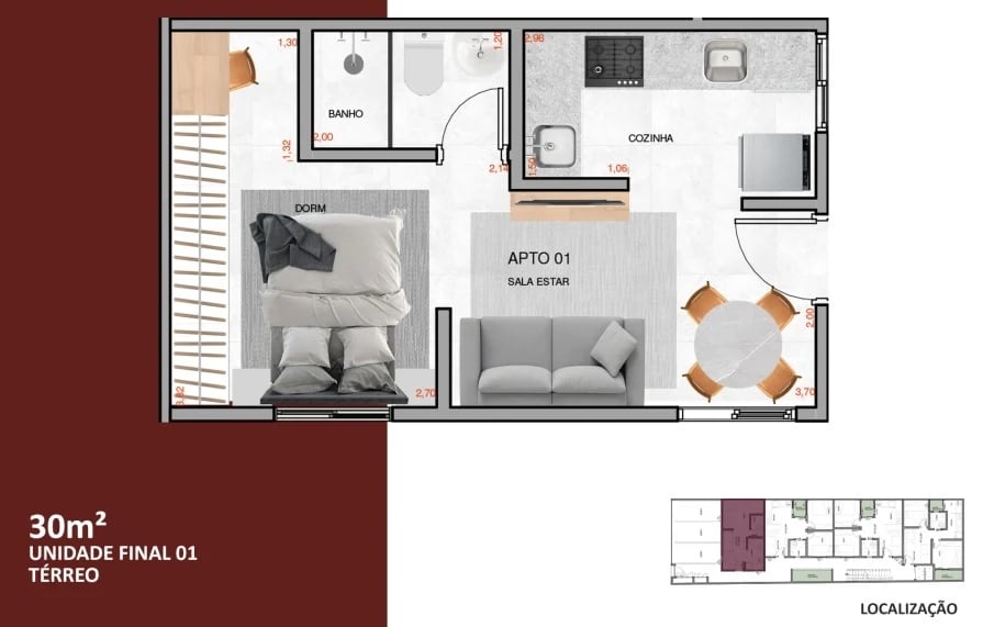 Planta 01 - 1 dorm 30m² - studio