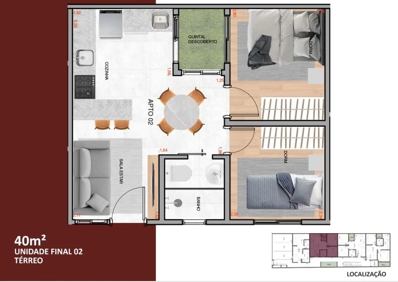 Planta 03 - 2 dorm 40m²