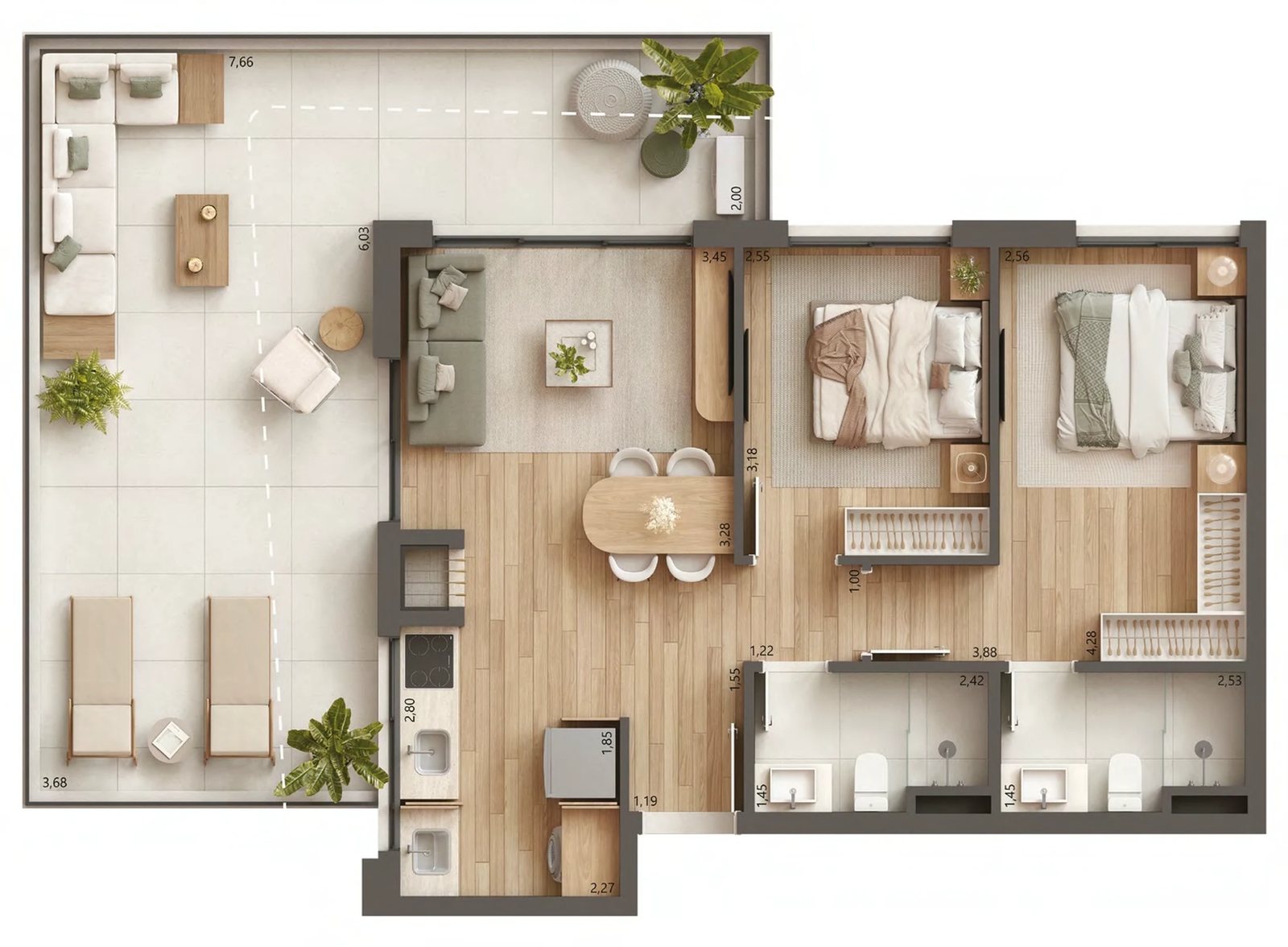 Planta 10 - 2 dorm 96,87m² - garden