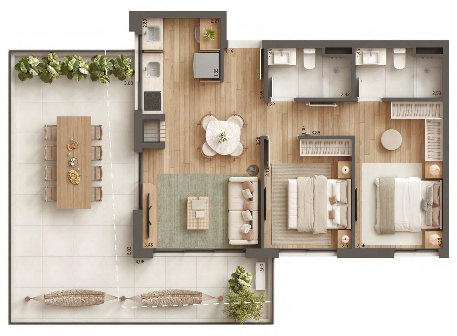 Planta 09 - 2 dorm 96,87m² - garden