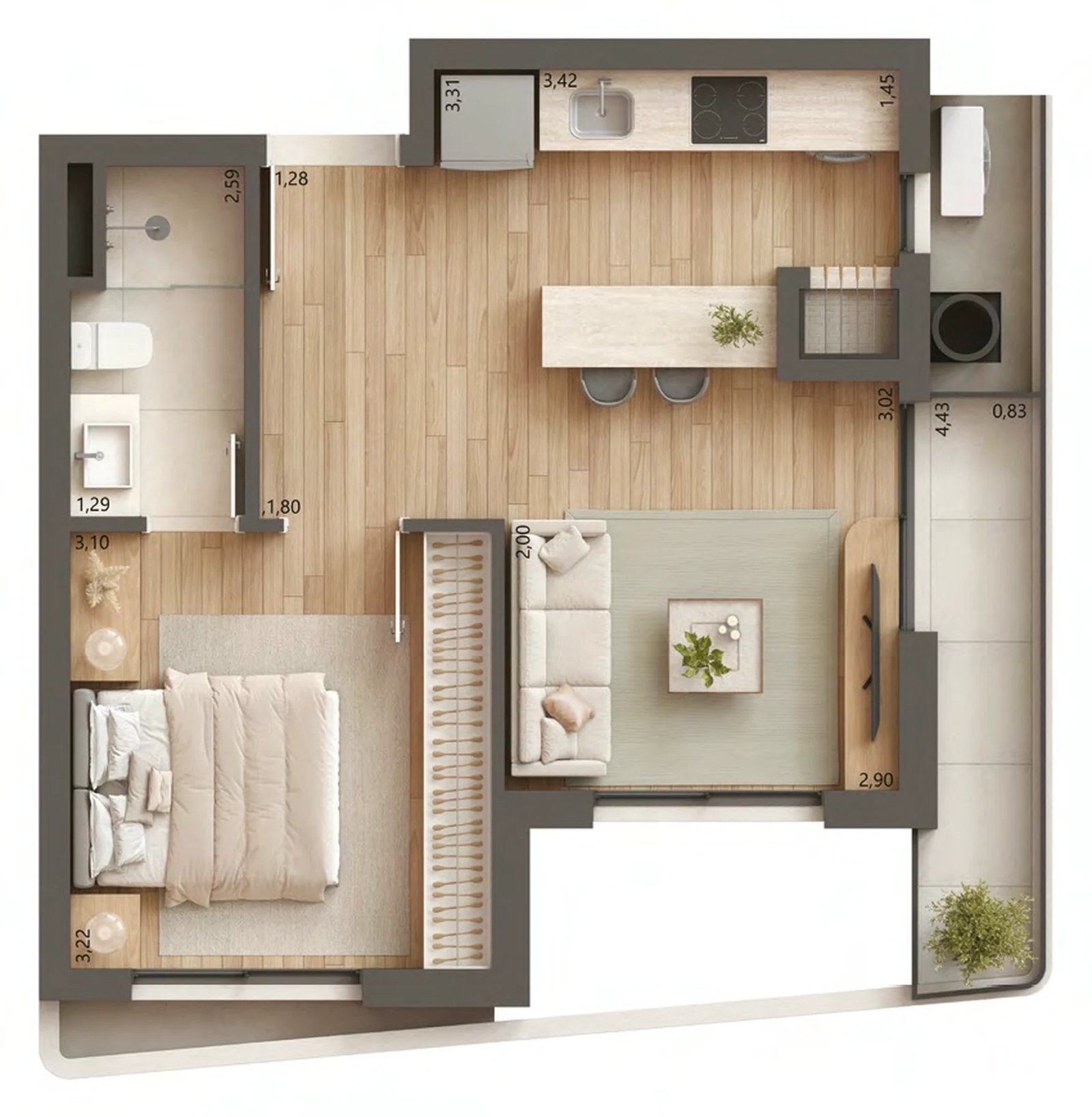 Planta 03 - 1 dorm 45,37m²