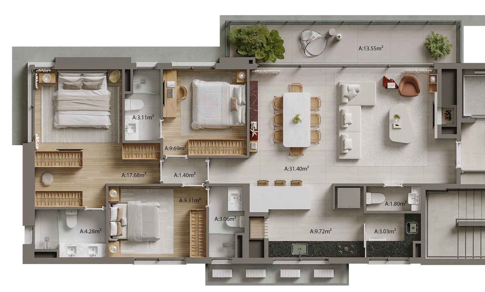 Planta 02 - 3 dorm 131m²
