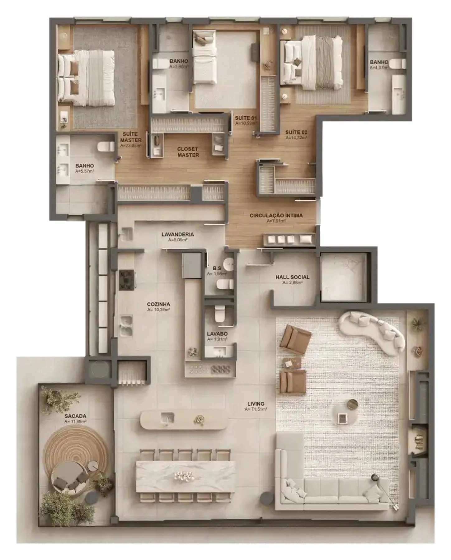 Planta 02 - 3 dorm 208m²