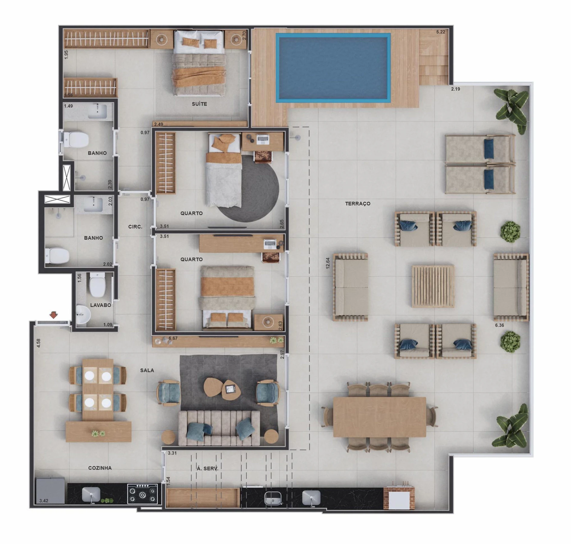 Planta 08 - 3 dorm 147,51m² - cobertura horizontal