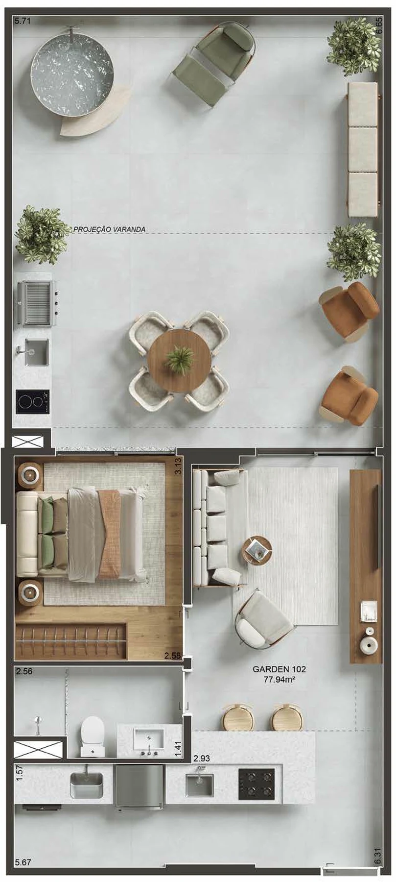 Planta 06 - 1 dorm 77,94m² - garden