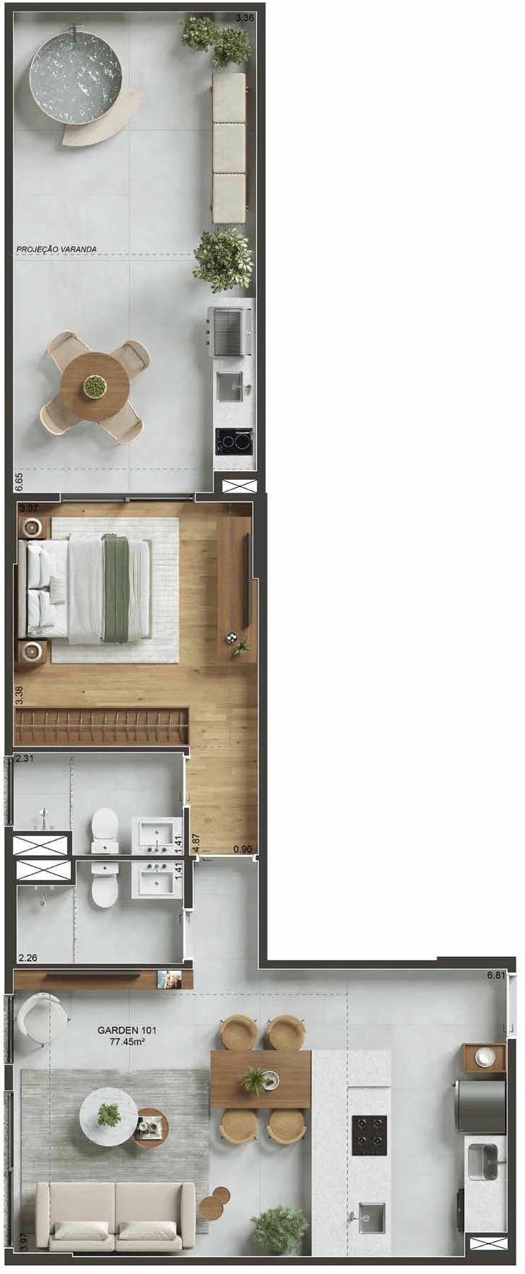 Planta 05 - 1 dorm 77,45m² - garden