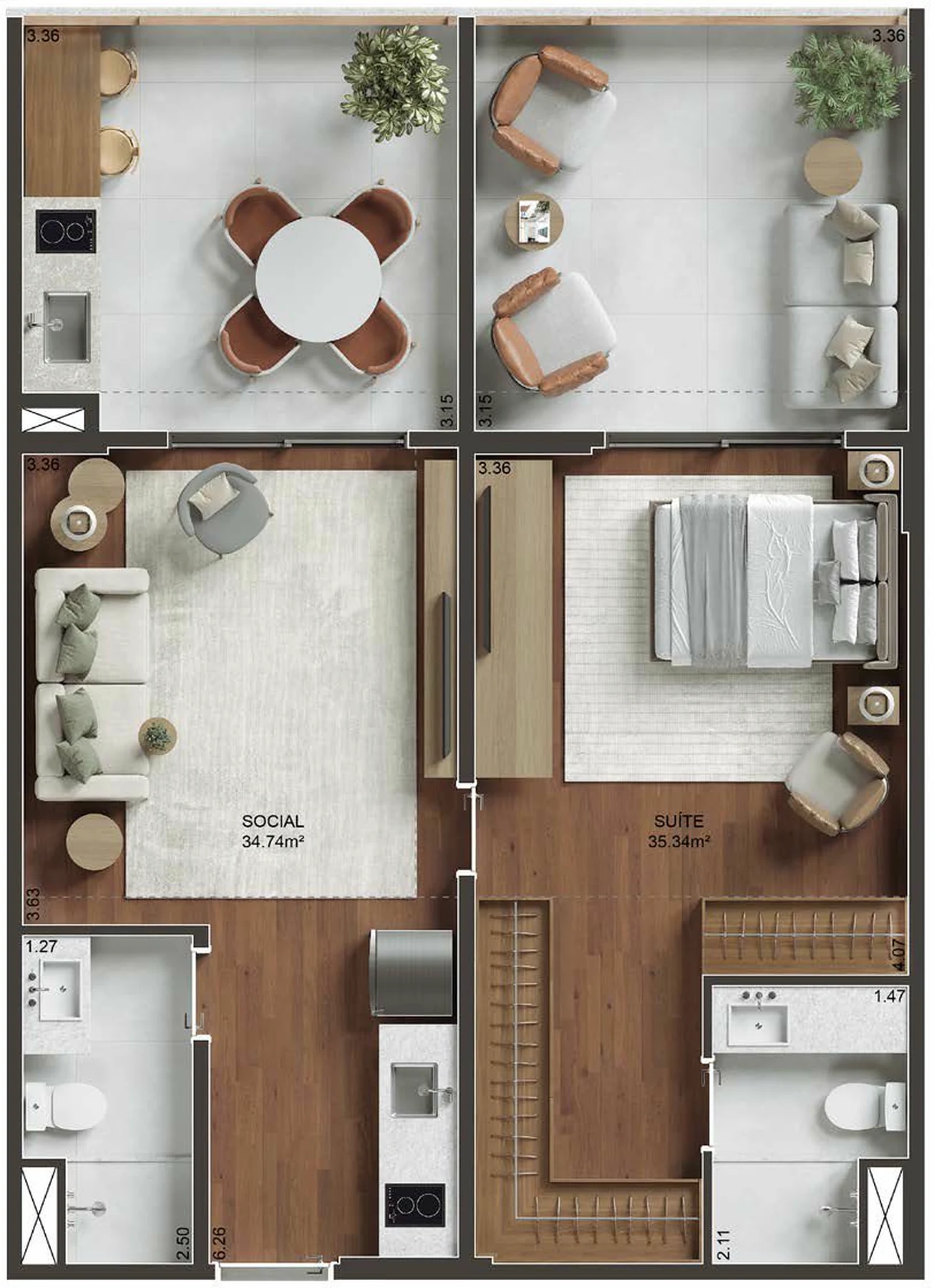 Planta 04 - 1 dorm 70,08m² - opção