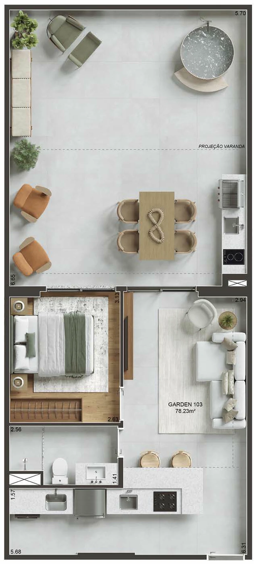 Planta 07 - 1 dorm 78,23m² - garden