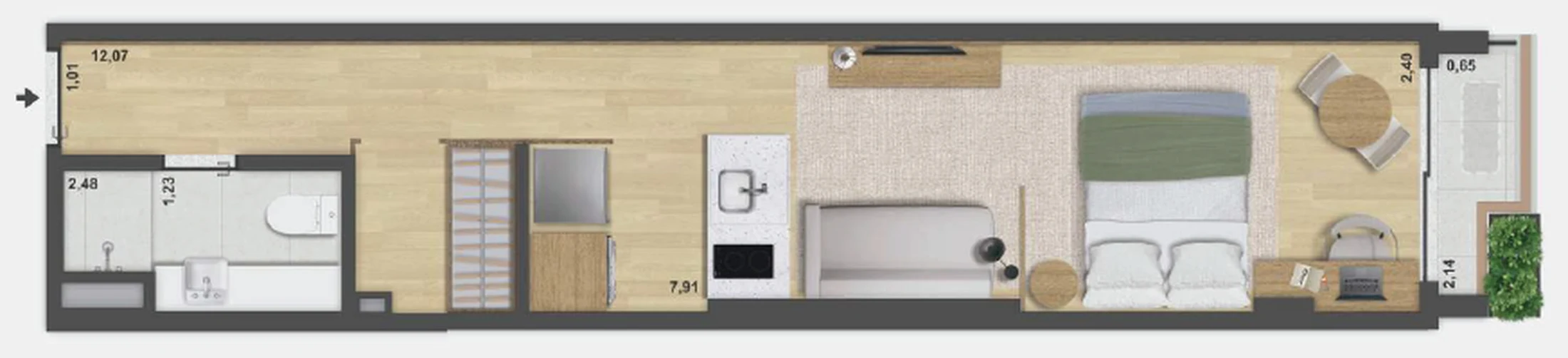 Planta 02 - 1 dorm 33,66m² - studio