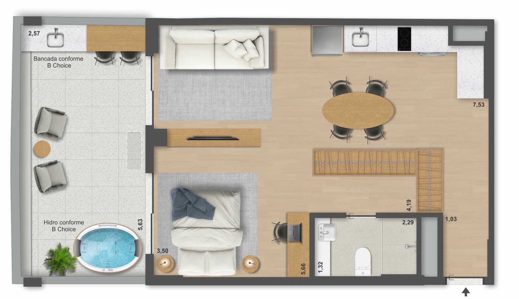Planta 13 - 1 dorm 65,26m² - studio - opção