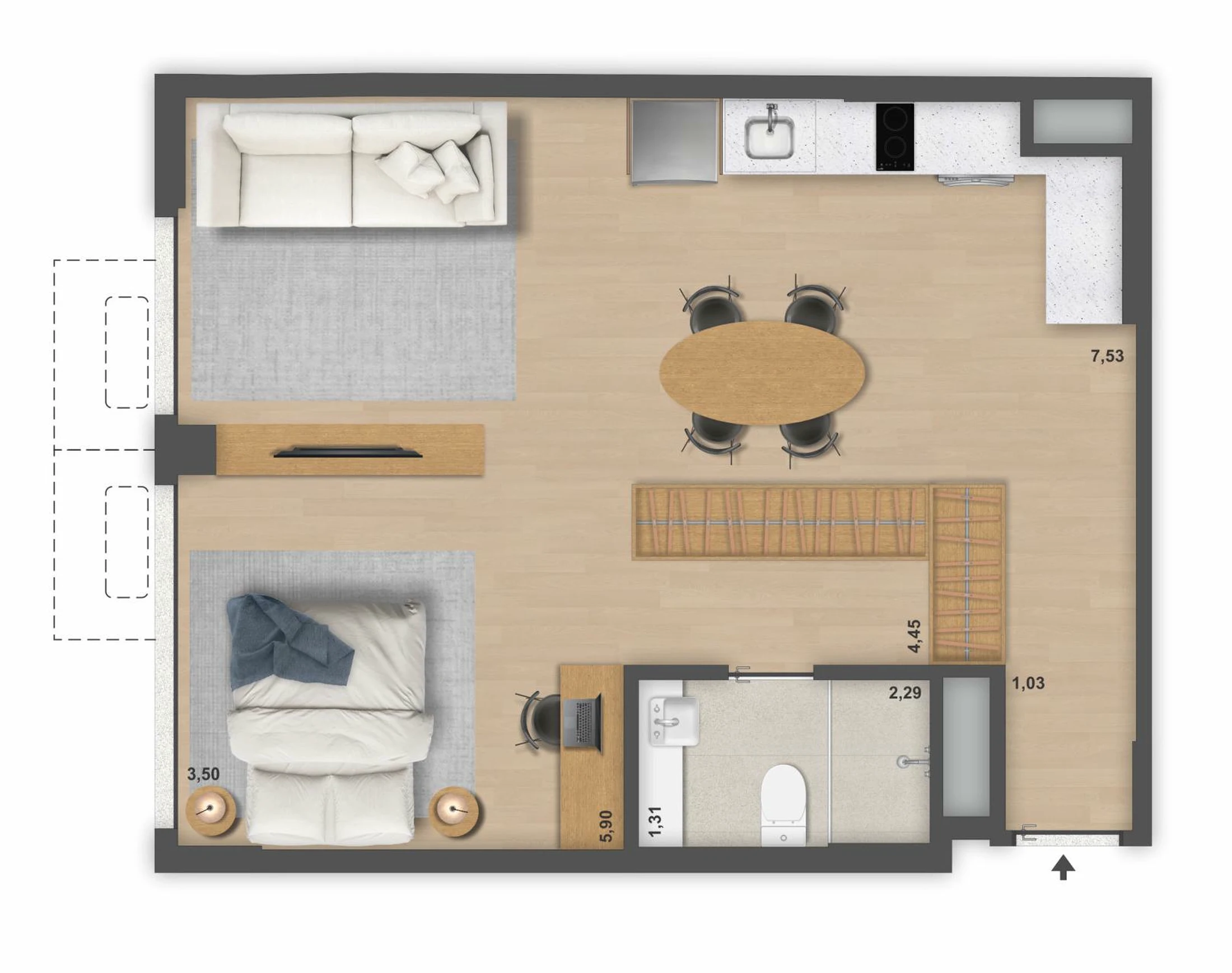 Planta 07 - 1 dorm 48,22m² - studio - opção