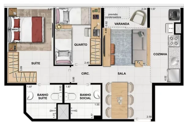 Planta 01 - 2 dorm 53 66m²