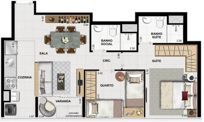 Planta 04 - 2 dorm 55 83m²