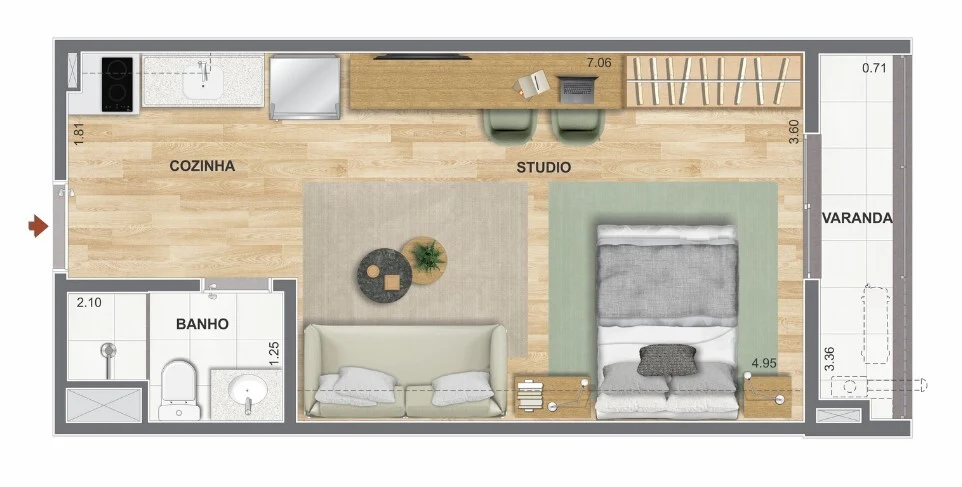 Planta 01 - 1 dorm 31,55m² - studio