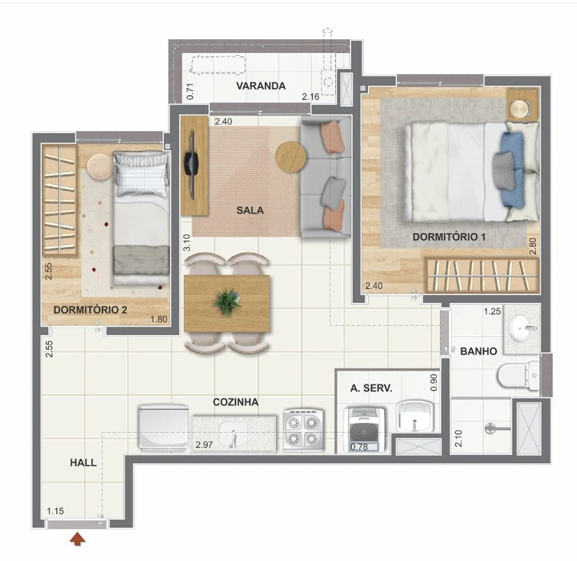 Planta 03 - 2 dorm 39,65m²