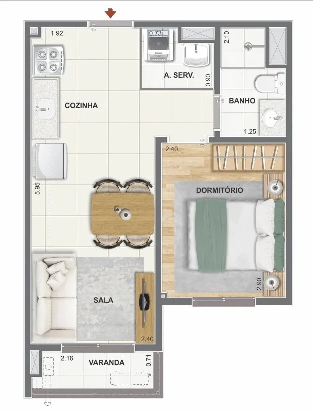 Planta 02 - 1 dorm 32,97m²