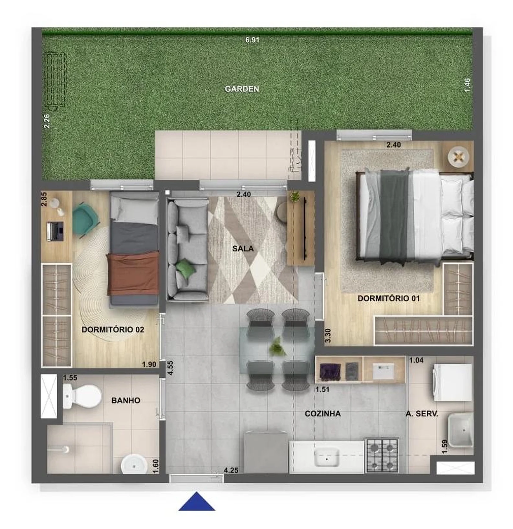 Planta 03 - 2 dorm 51,76m² - garden