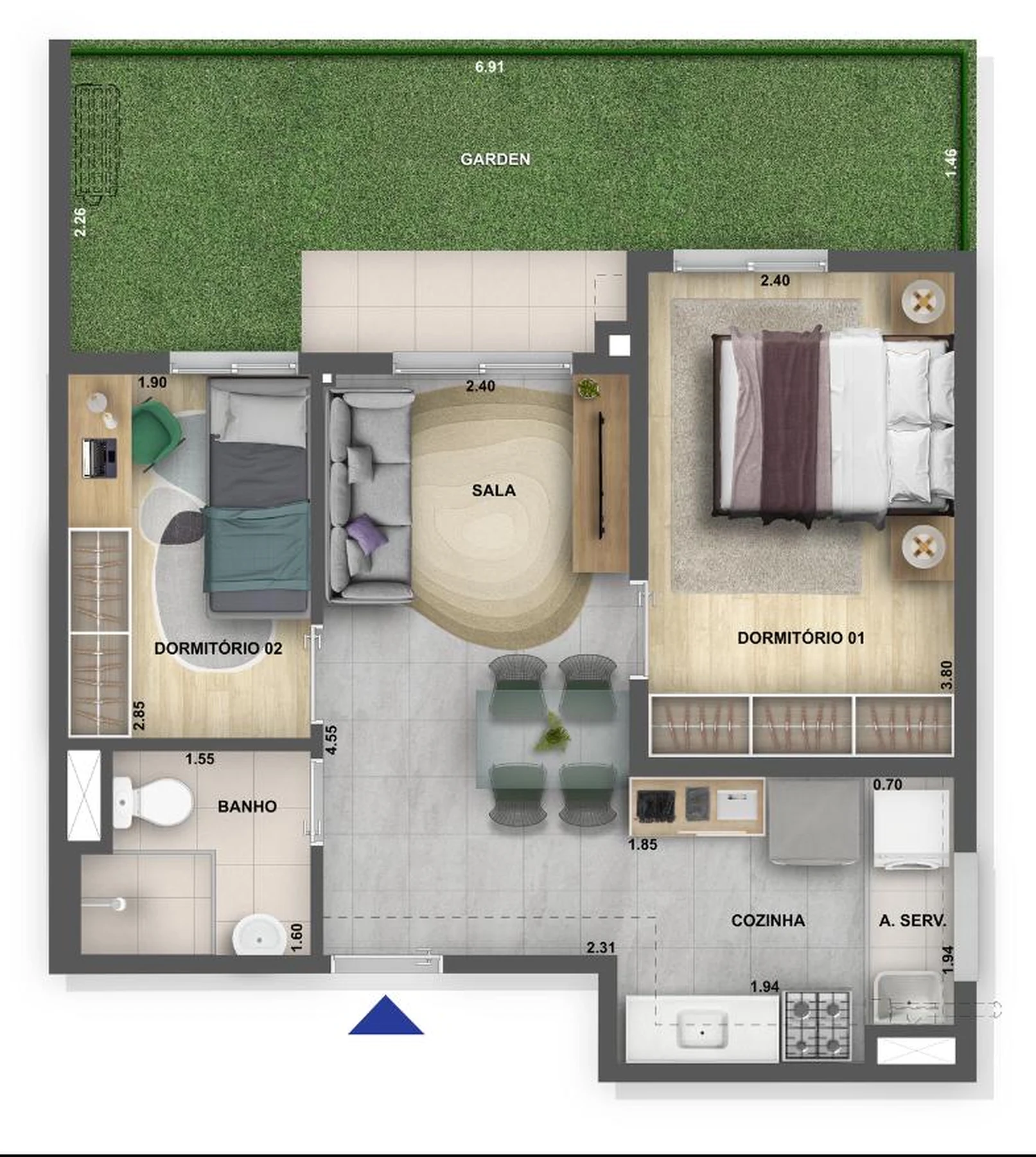 Planta 04 - 2 dorm 54,51m² - garden