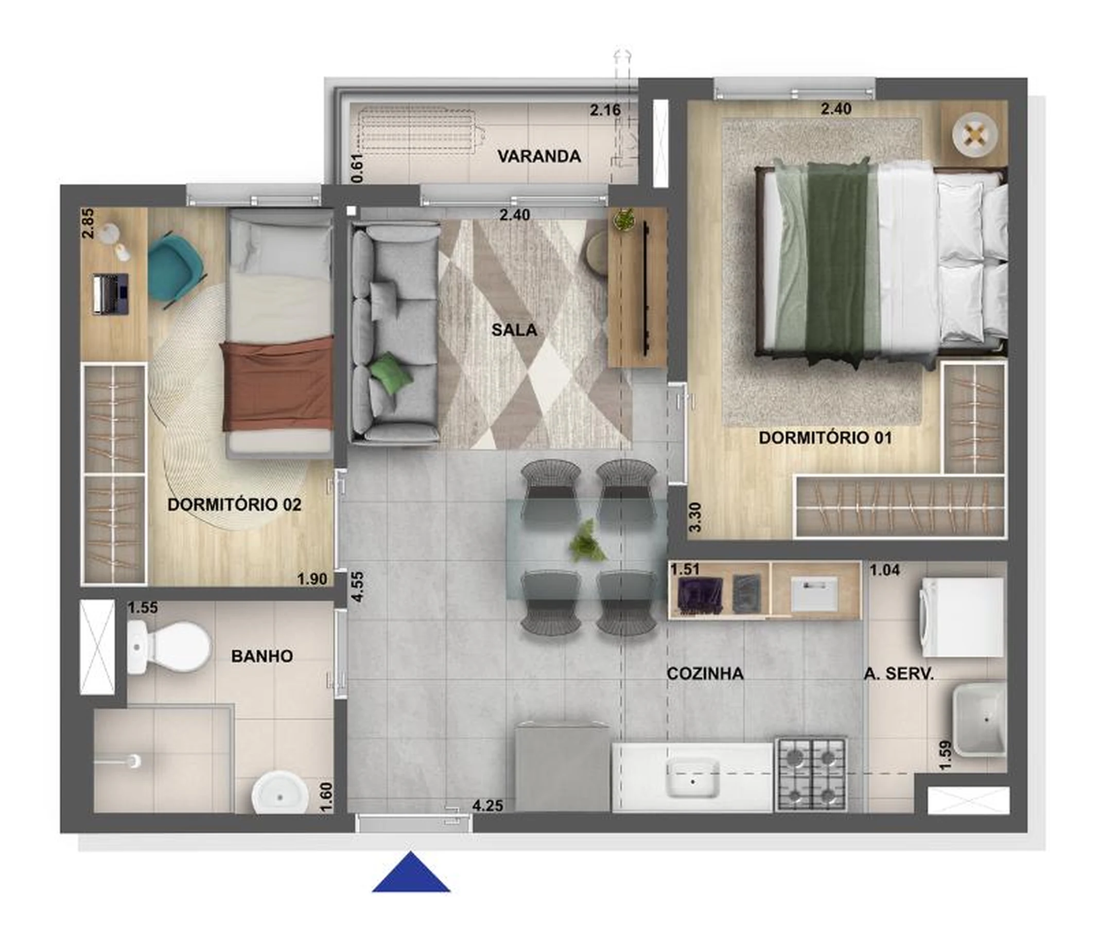 Planta 01 - 2 dorm 38,50m²