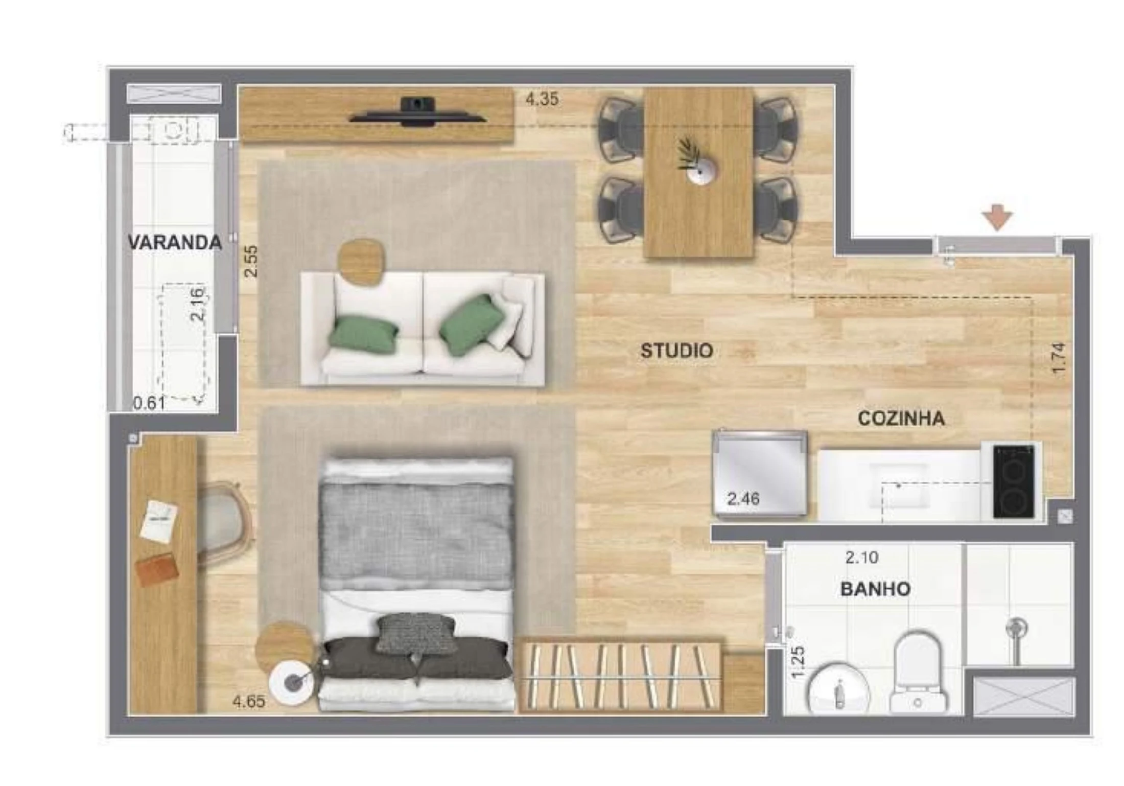 Planta 04 - 1 dorm 32,32m² - studio
