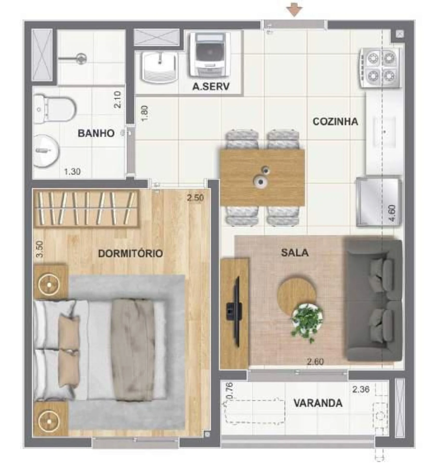 Planta 02 - 1 dorm 31,66m²