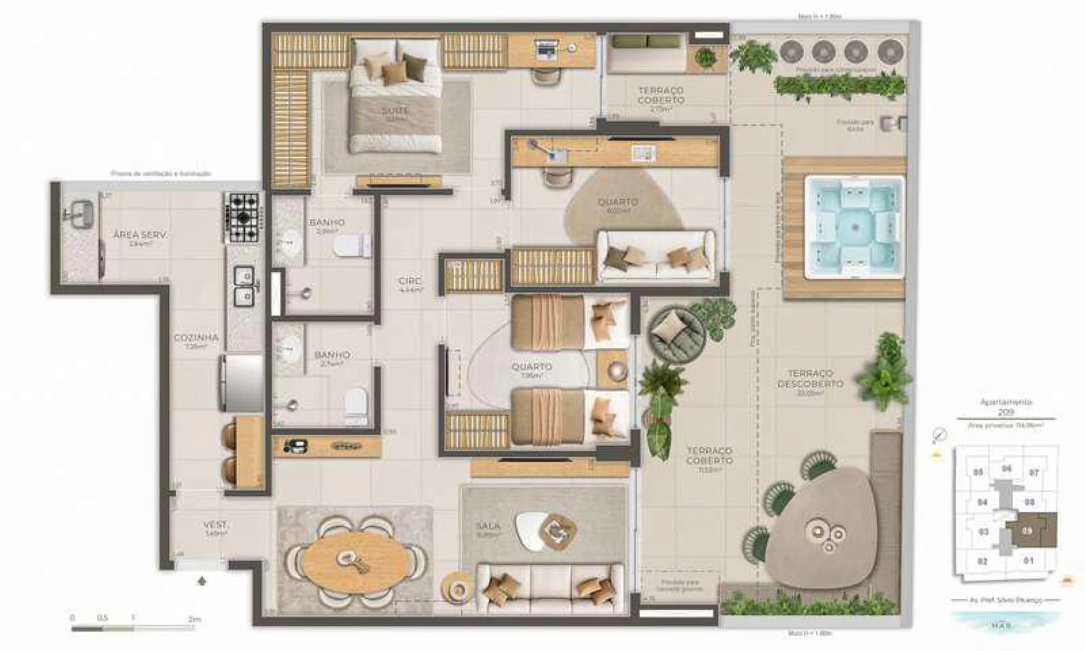 Planta 06 - 3 dorm 71,57m² - garden