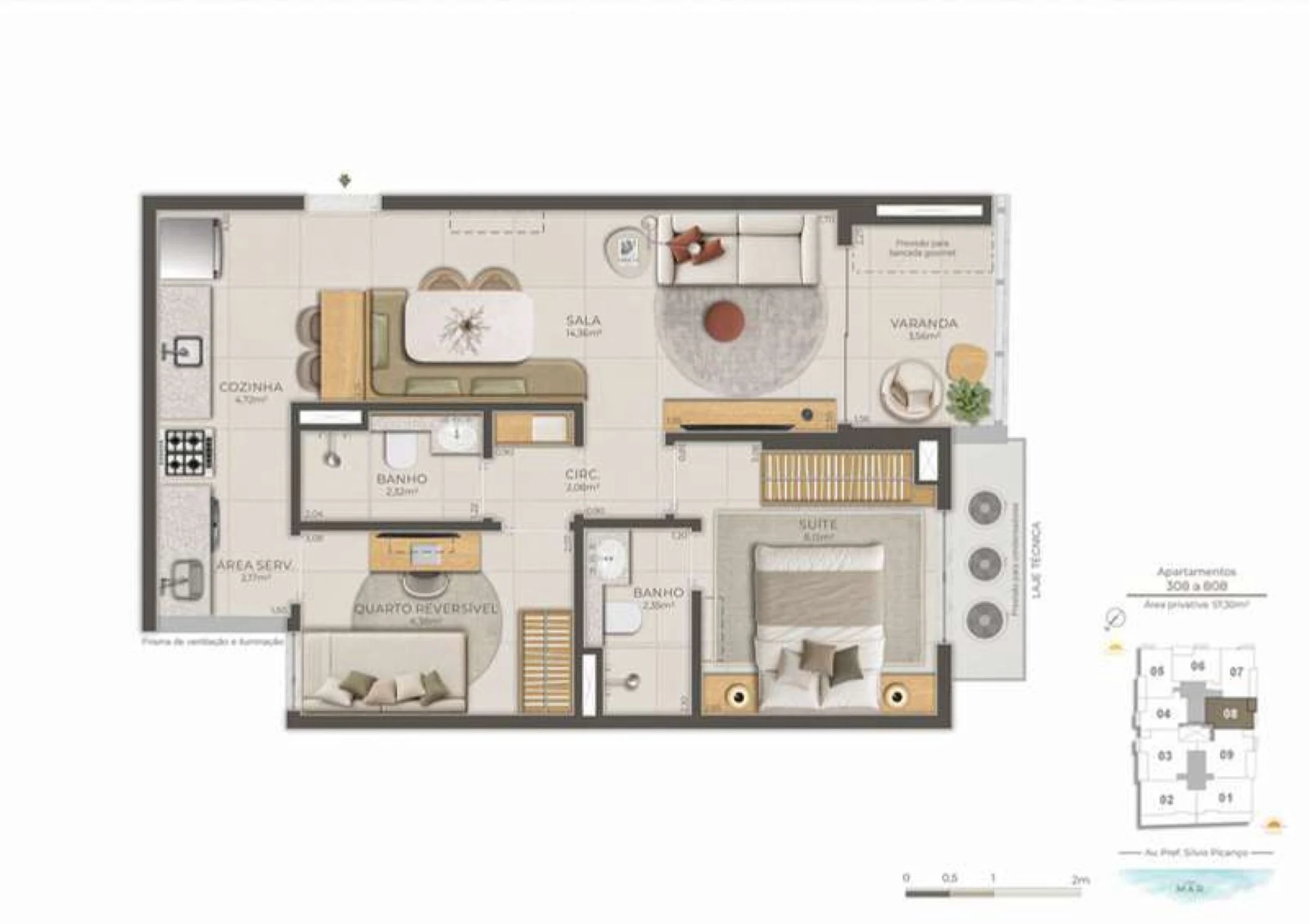 Planta 01 - 2 dorm 57,30m²
