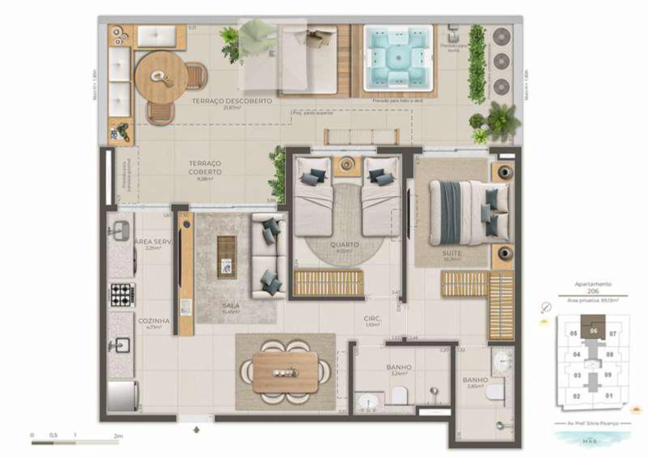 Planta 08 - 2 dorm 89,13m² - garden