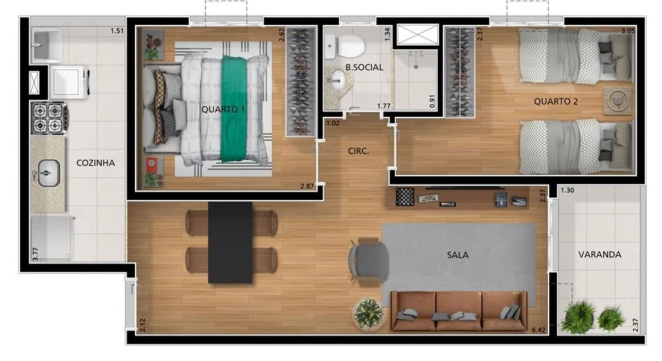 Planta 01 - 2 dorm 49 76m²