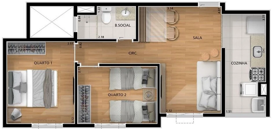 Planta 02 - 2 dorm 43 15m²