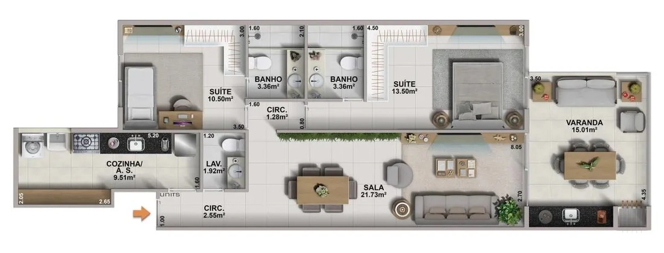 Planta 02 - 2 dorm 92,25m²