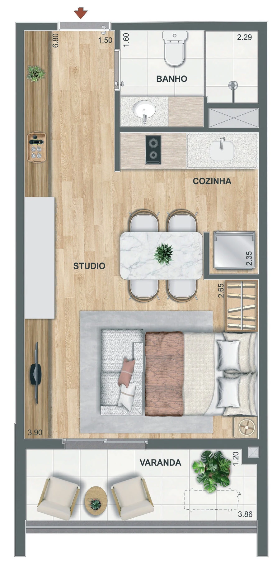 Planta 03 - 1 dorm 34,67m² - studio