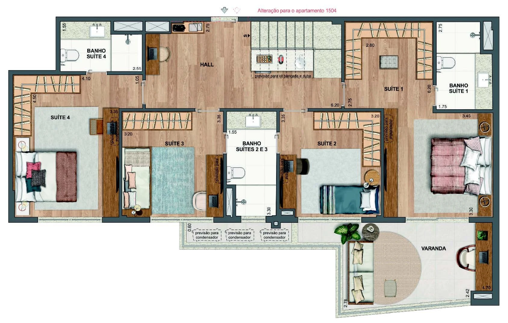 Planta 64 - 4 dorm 232,77m² - cobertura duplex - inferior