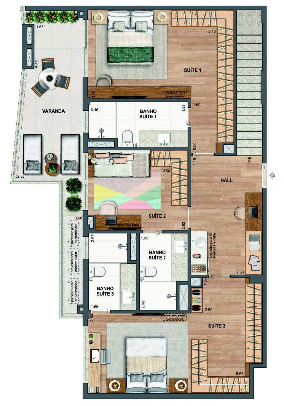 Planta 60 - 3 dorm 206,16m² - cobertura duplex - inferior