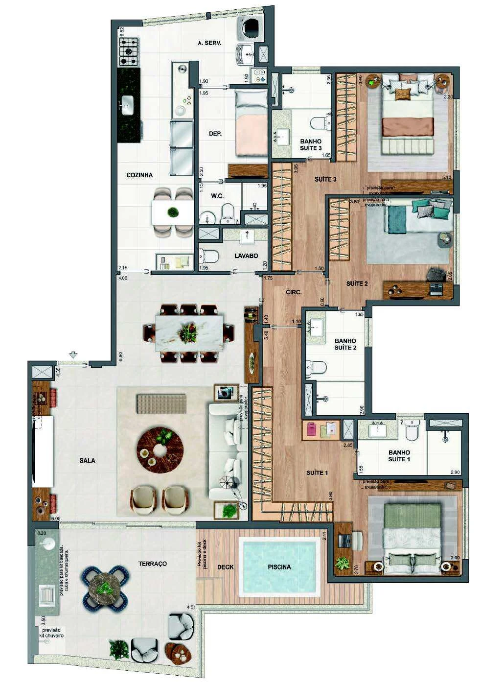 Planta 45 - 3 dorm 170,34m² - cobertura horizontal