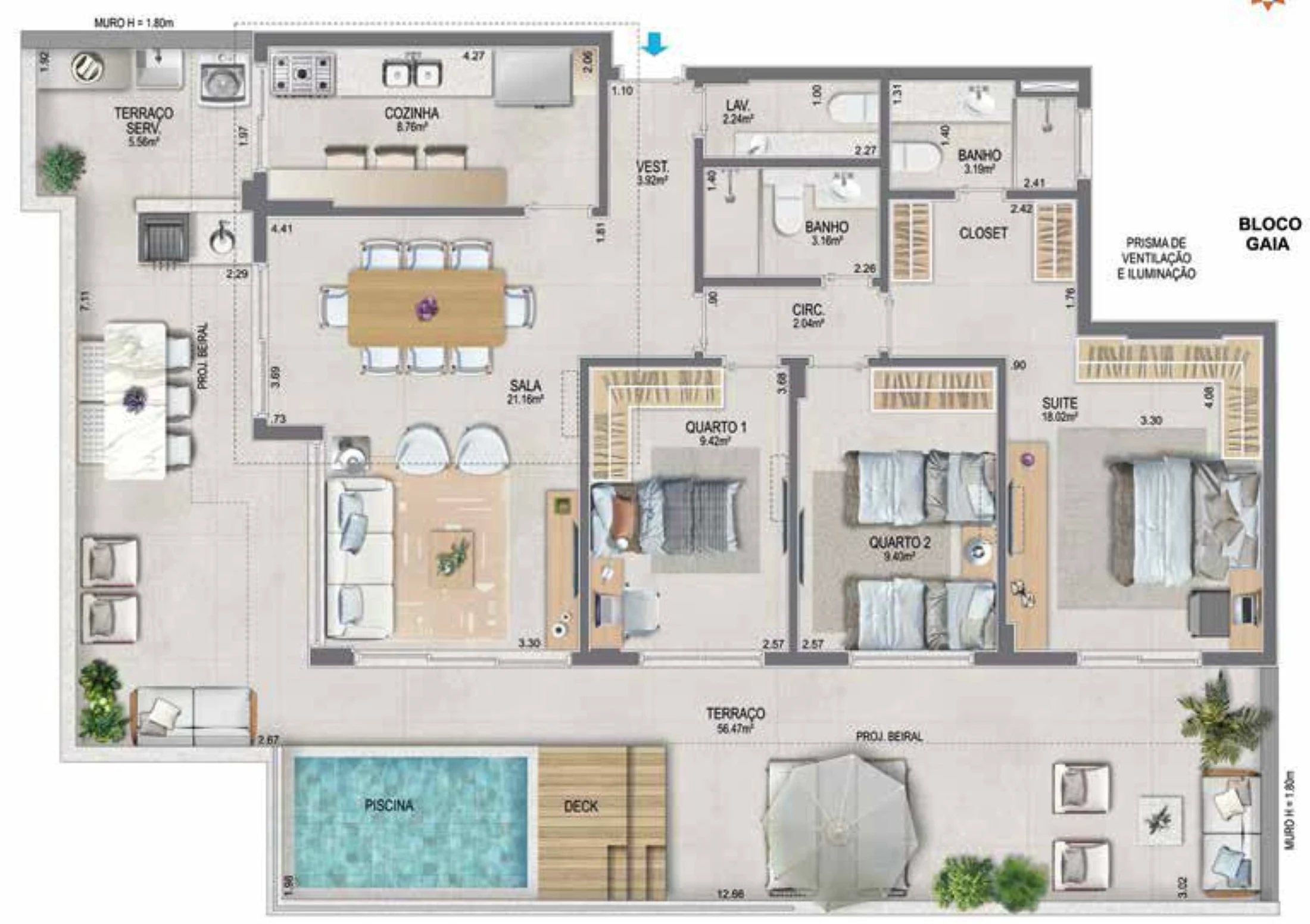 Planta 23 - 3 dorm 162,06m² - cobertura horizontal
