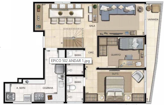 Planta 01 - 2 dorm 145 92m² - cobertura duplex - inferior