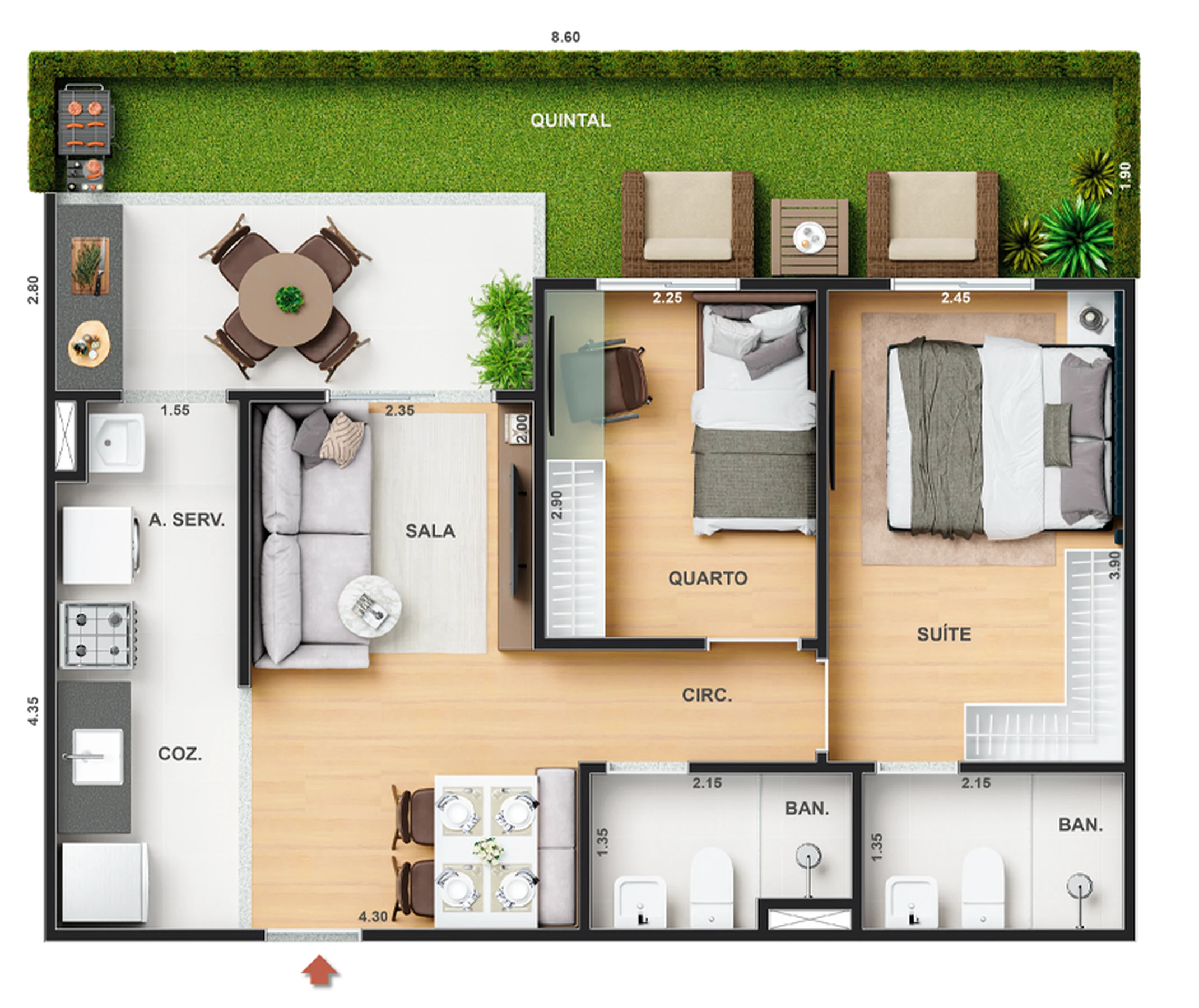 Planta 15 - 2 dorm 61,23m² - garden