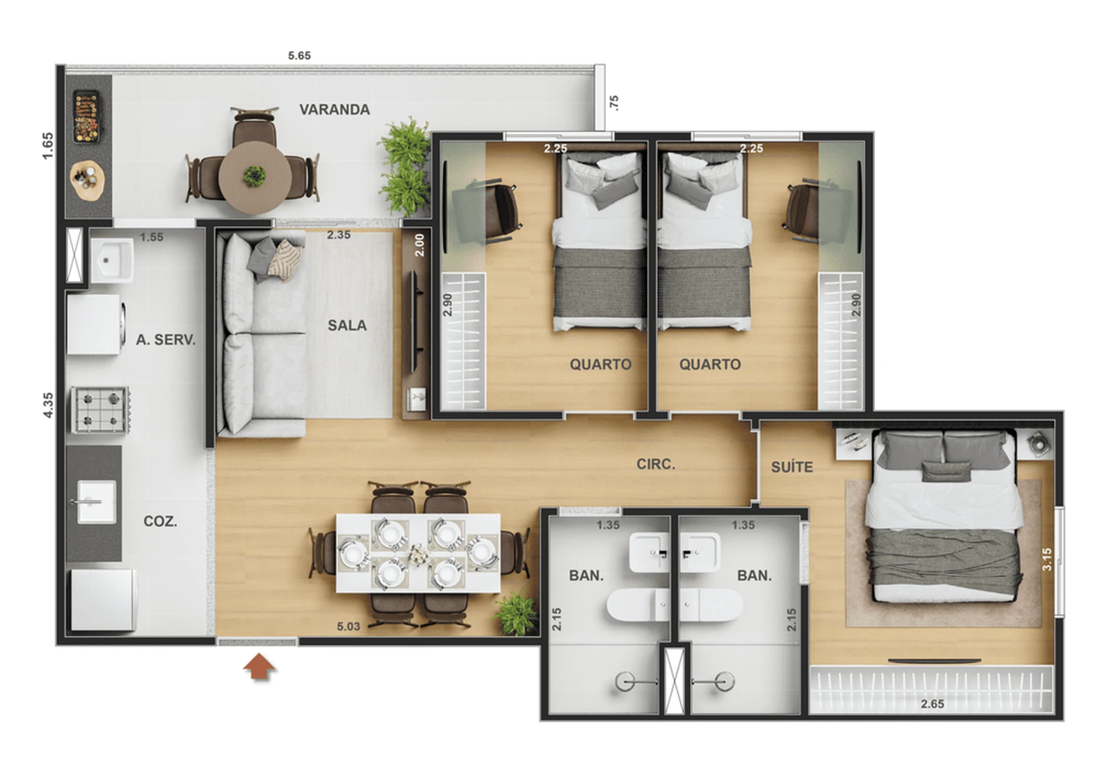 Planta 14 - 3 dorm 58,33m²