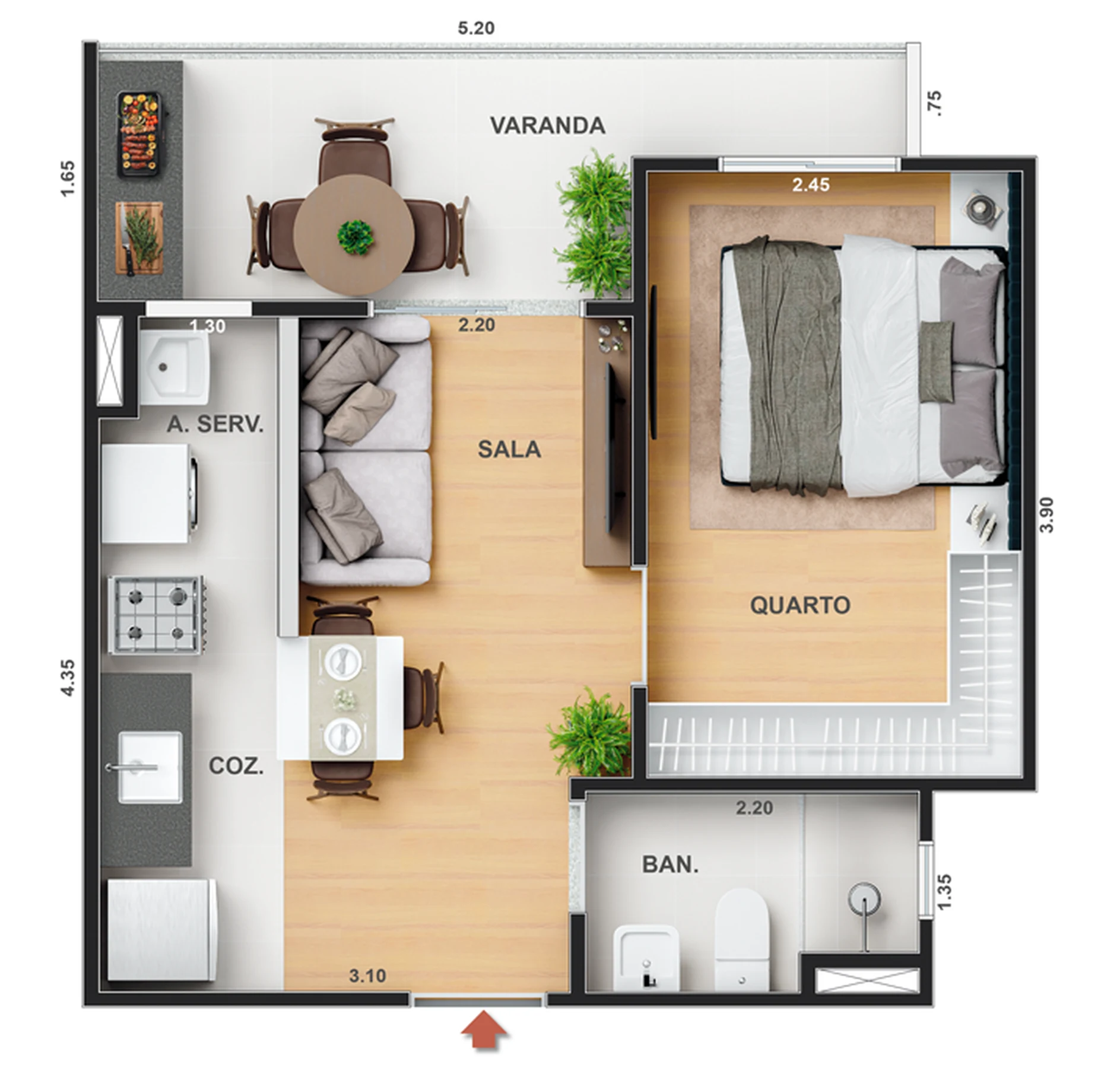 Planta 01 - 1 dorm 34,70m²