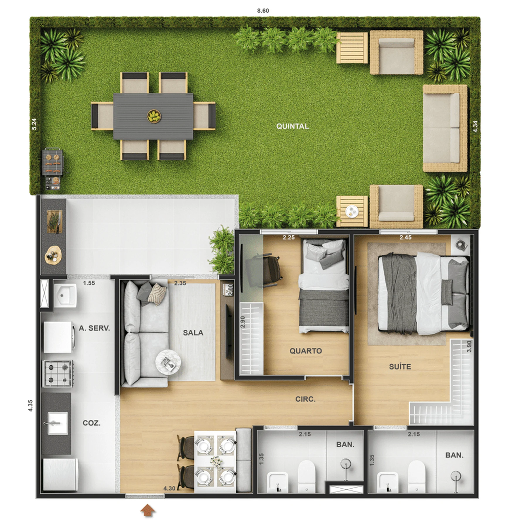 Planta 20 - 2 dorm 82,69m² - garden