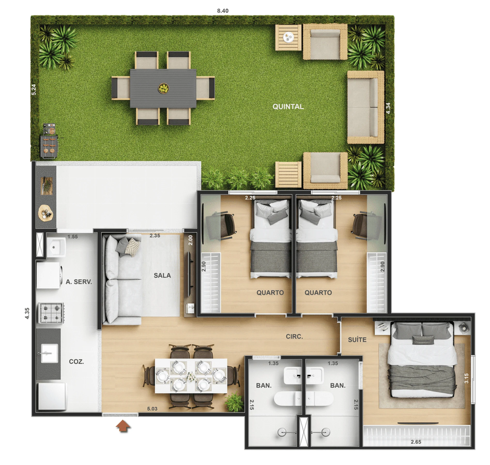 Planta 22 - 3 dorm 90,20m² - garden