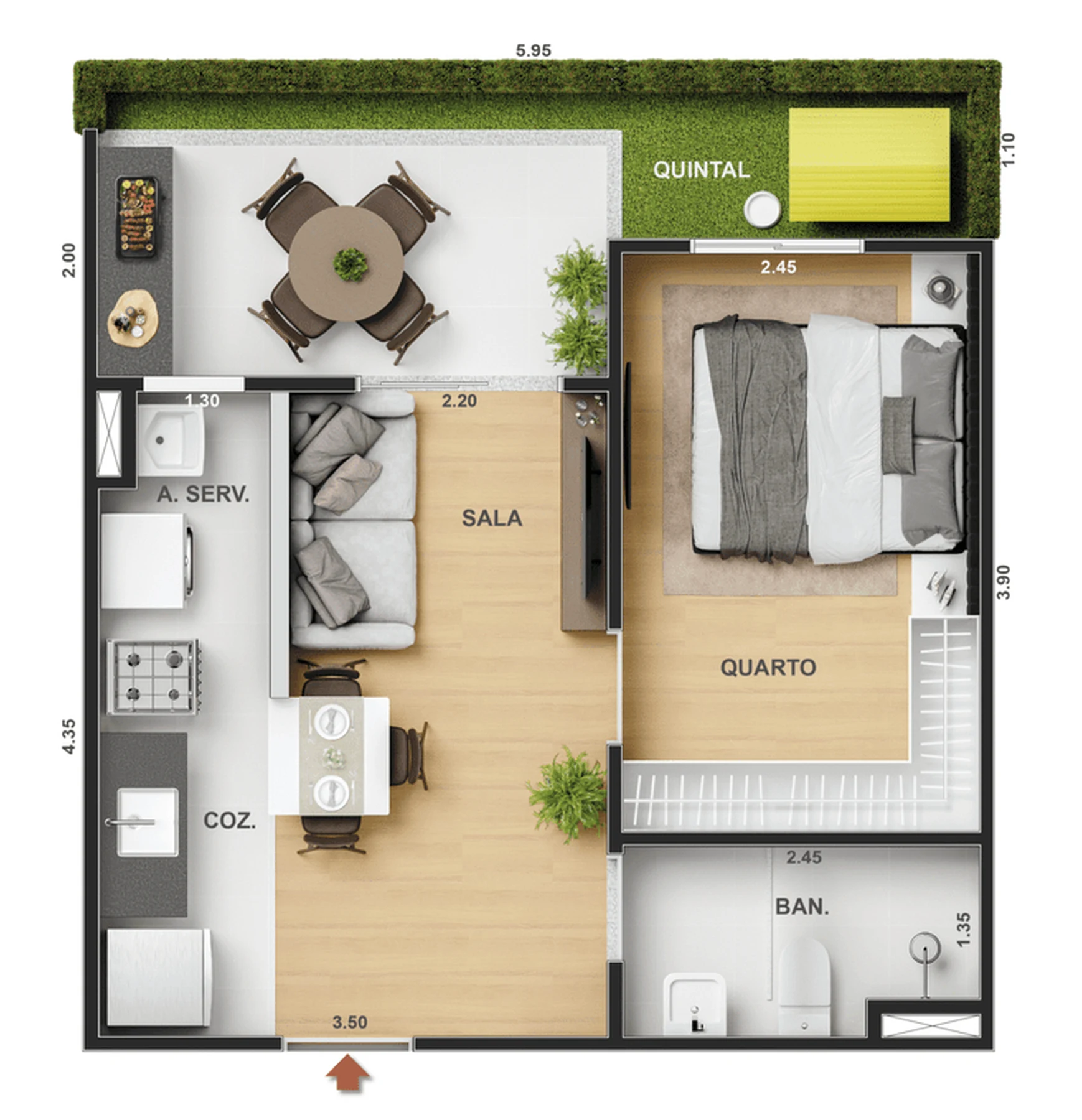 Planta 08 - 1 dorm 38,28m² - garden