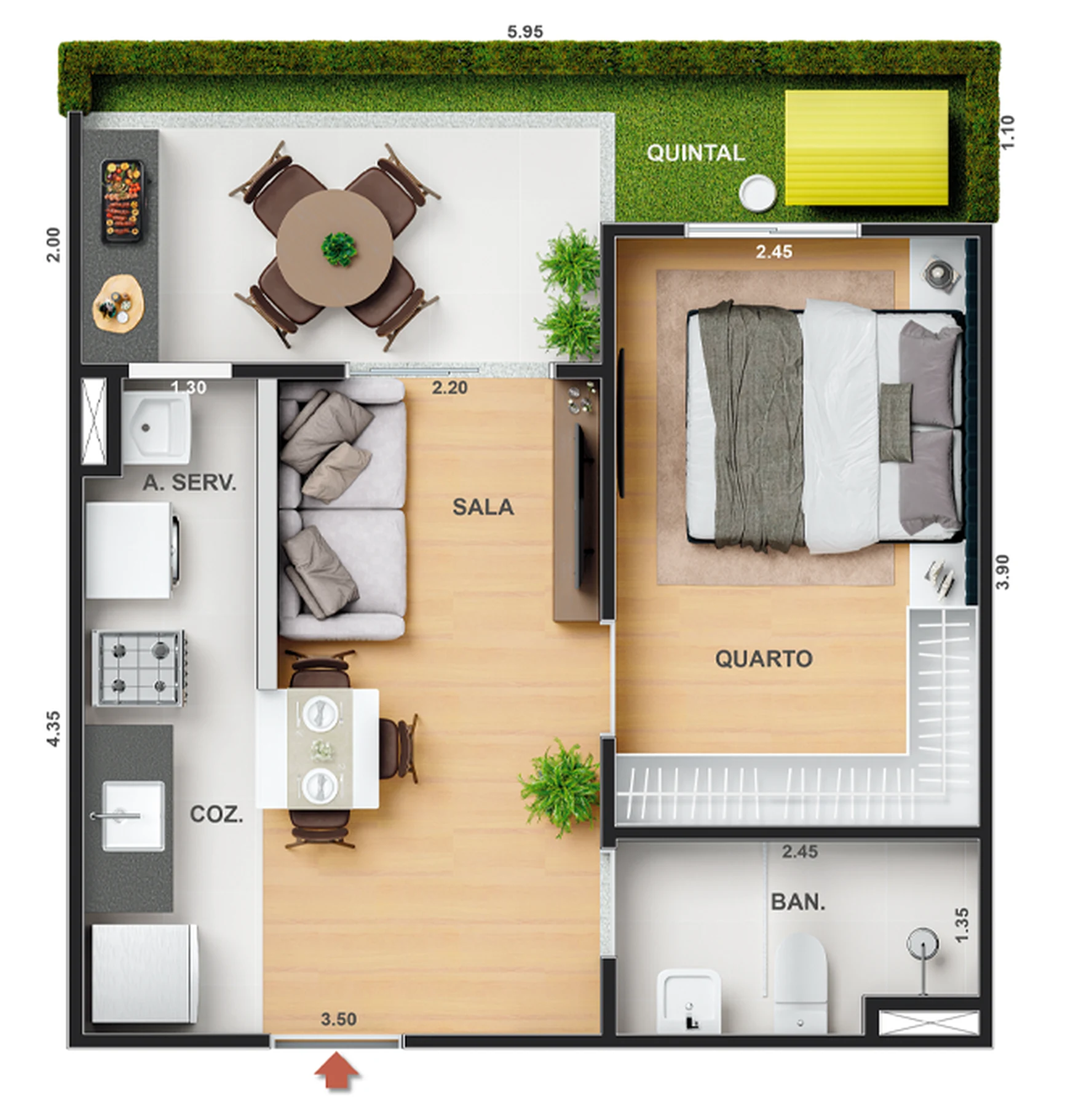 Planta 07 - 1 dorm 38,28m² - garden