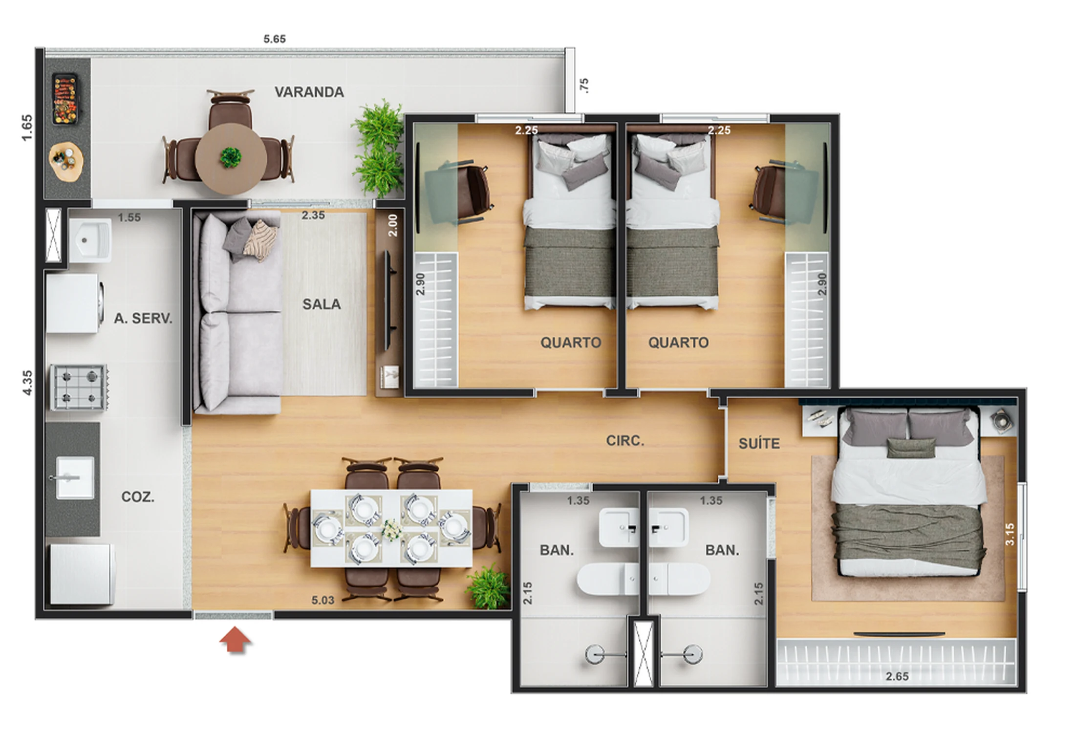 Planta 13 - 3 dorm 58,33m²