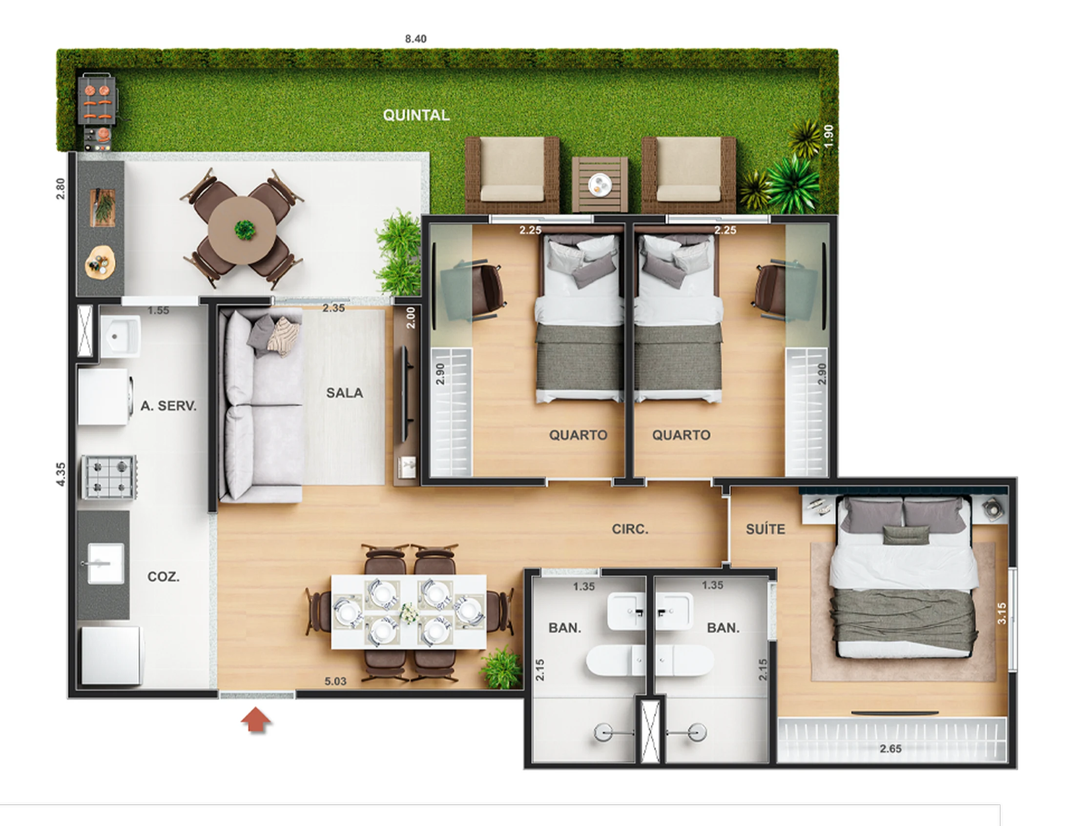 Planta 17 - 3 dorm 69,59m² - garden